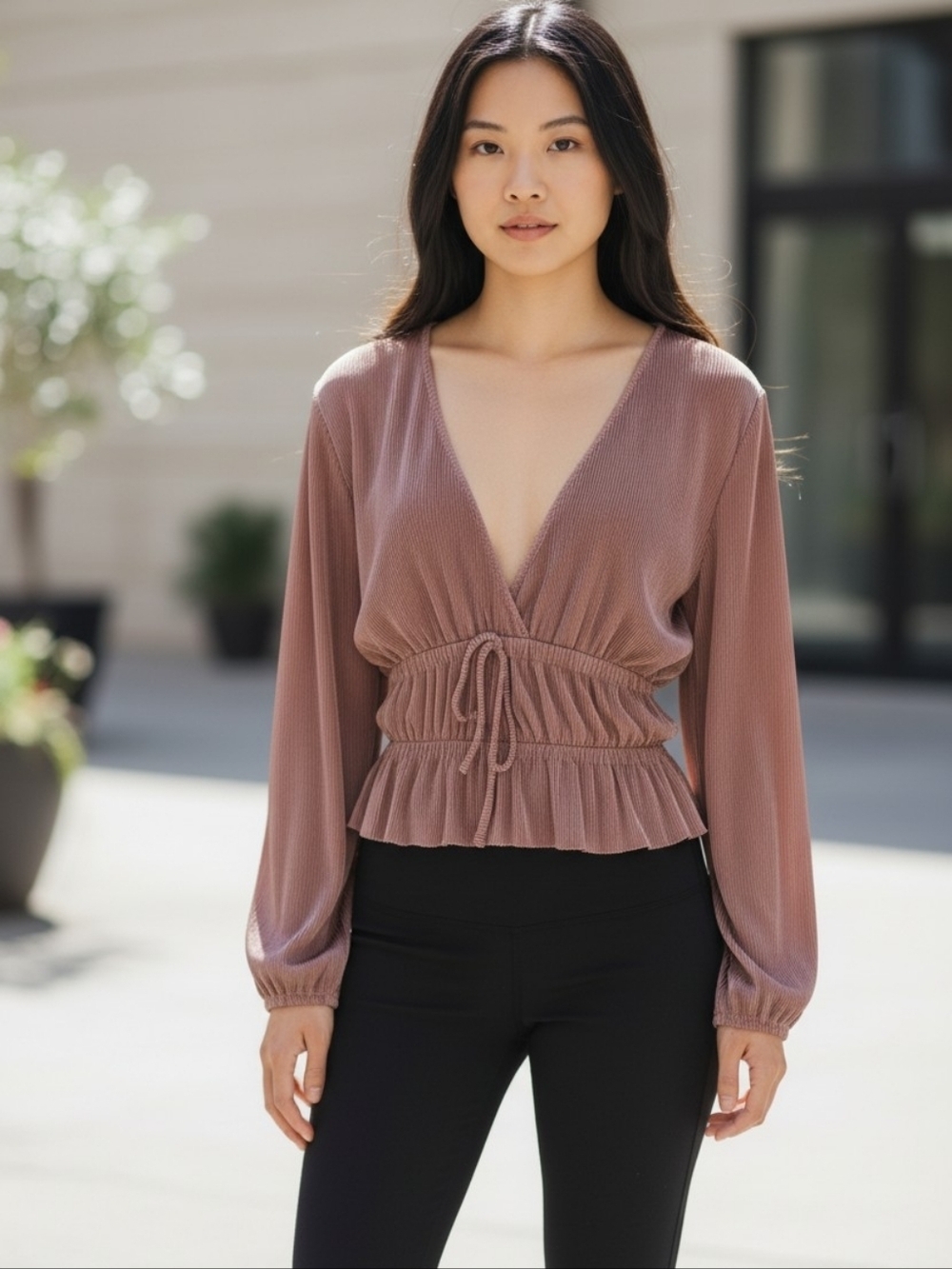 ZARA Pleated Velvet Peplum Blouse